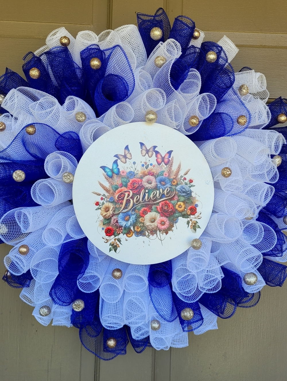 Handmade 'Believe' White and Blue Decorative Mesh Wreath